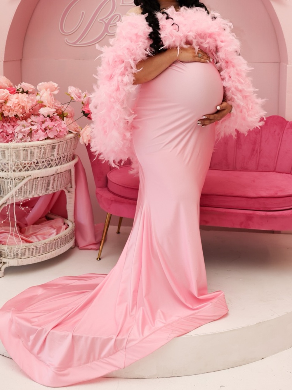 Elegant Pink Maternity 2pc Gown with Feather Trim